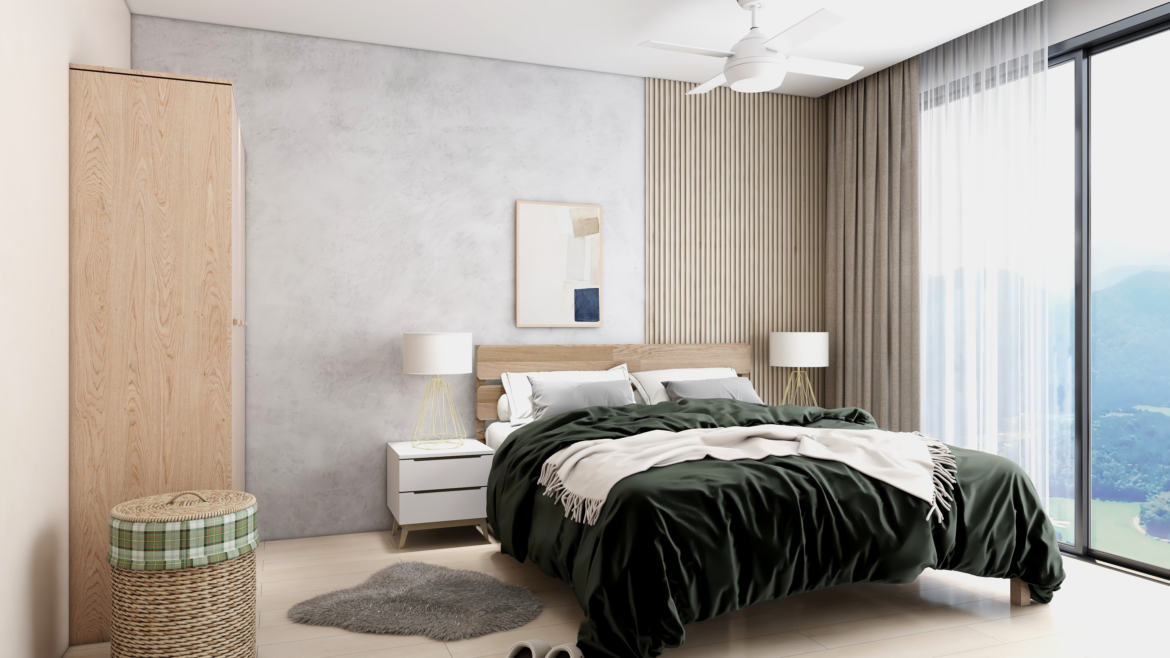 A Muji-inspired bedroom showcasing a minimalist wooden bed frame, a stylish bedside table, and a contemporary floor lamp.