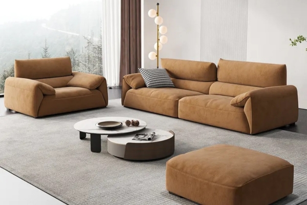 Brown fabric 1-seater sofa and 2 seater with wood legs, accompanied by backrest and armrest cushions.