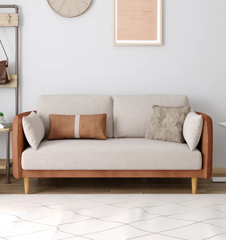 3-seater fabric sofa with linen upholstery, beige cushions, brown base, and solid wood legs.