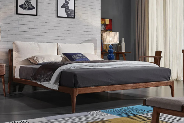 Brown wooden platform bed frame crafted from a solid wood. 