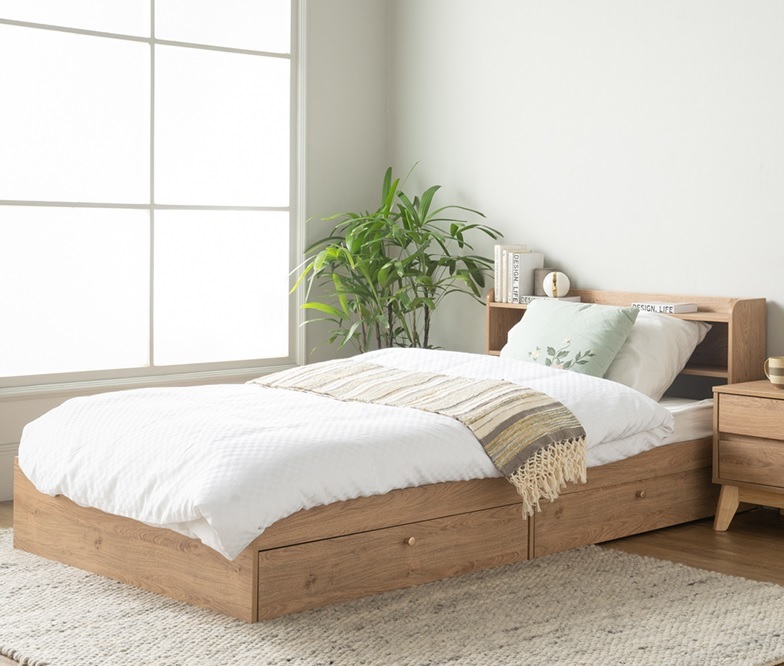 Wooden super single bed frame with a storage headboard and under bed storage.