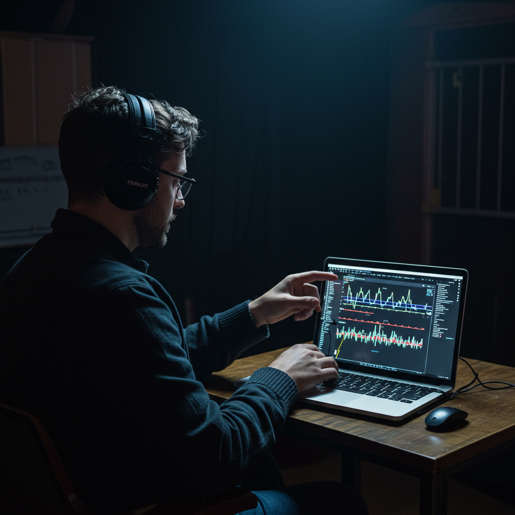 A well-organized Front of House mixing position with a digital console, laptops, and clear labeling.