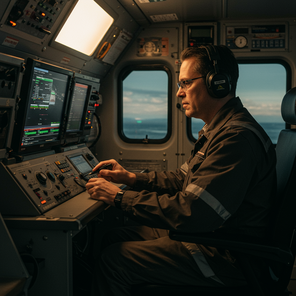 A close-up of a person speaking into a two-way radio headset during a production.