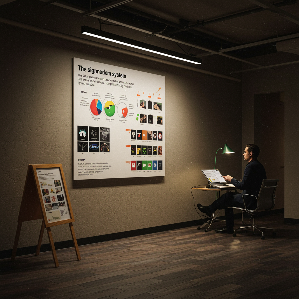 A clean, minimalist sign with clear typography and universal icons, demonstrating effective information hierarchy.