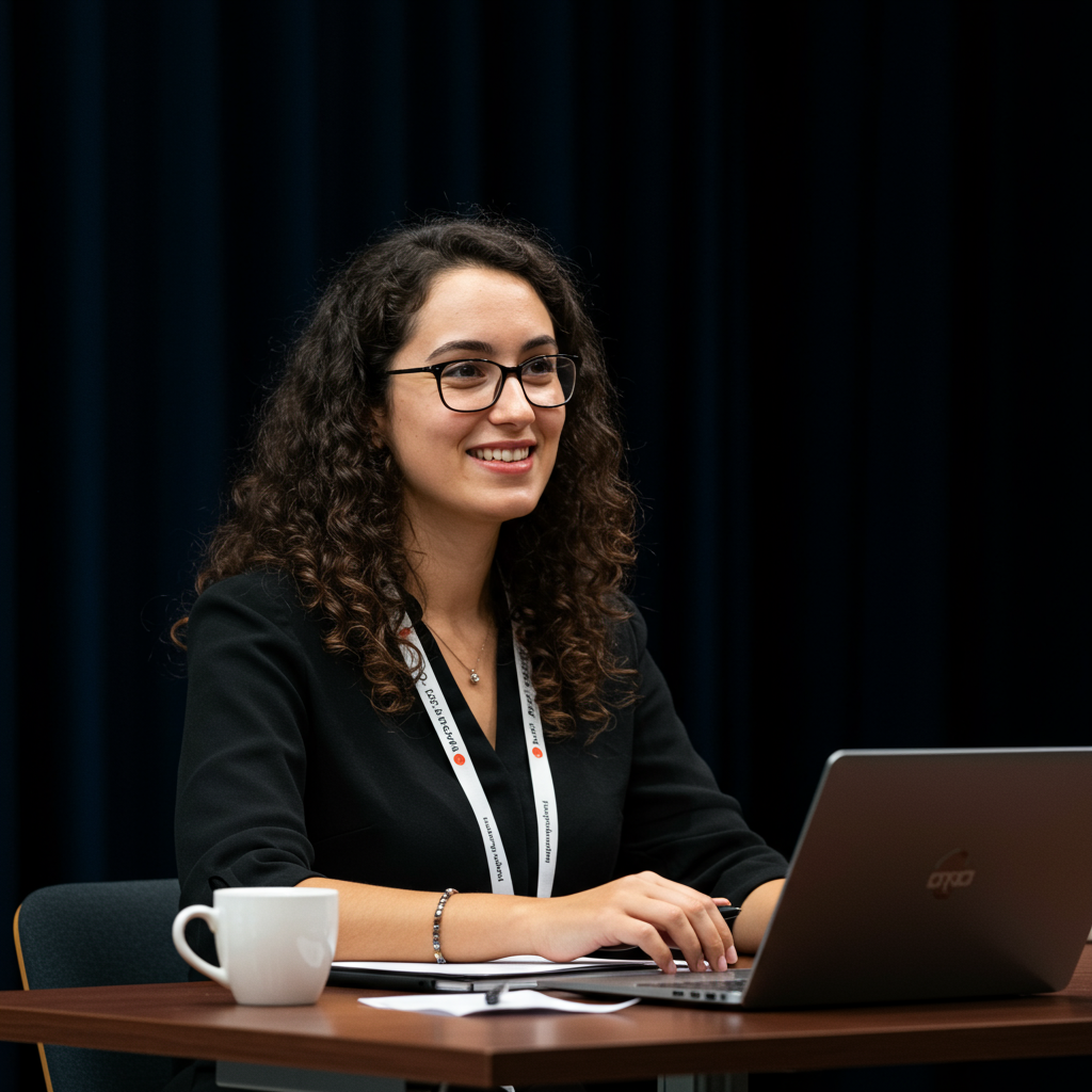 A dynamic stage set for a hybrid event, with professional lighting, multiple screens for branding, and cameras positioned for broadcast-quality streaming.