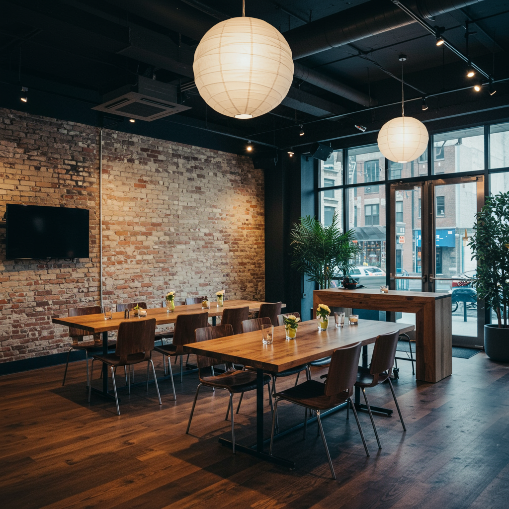 A beautifully lit and decorated event space in New York, ready to receive guests.