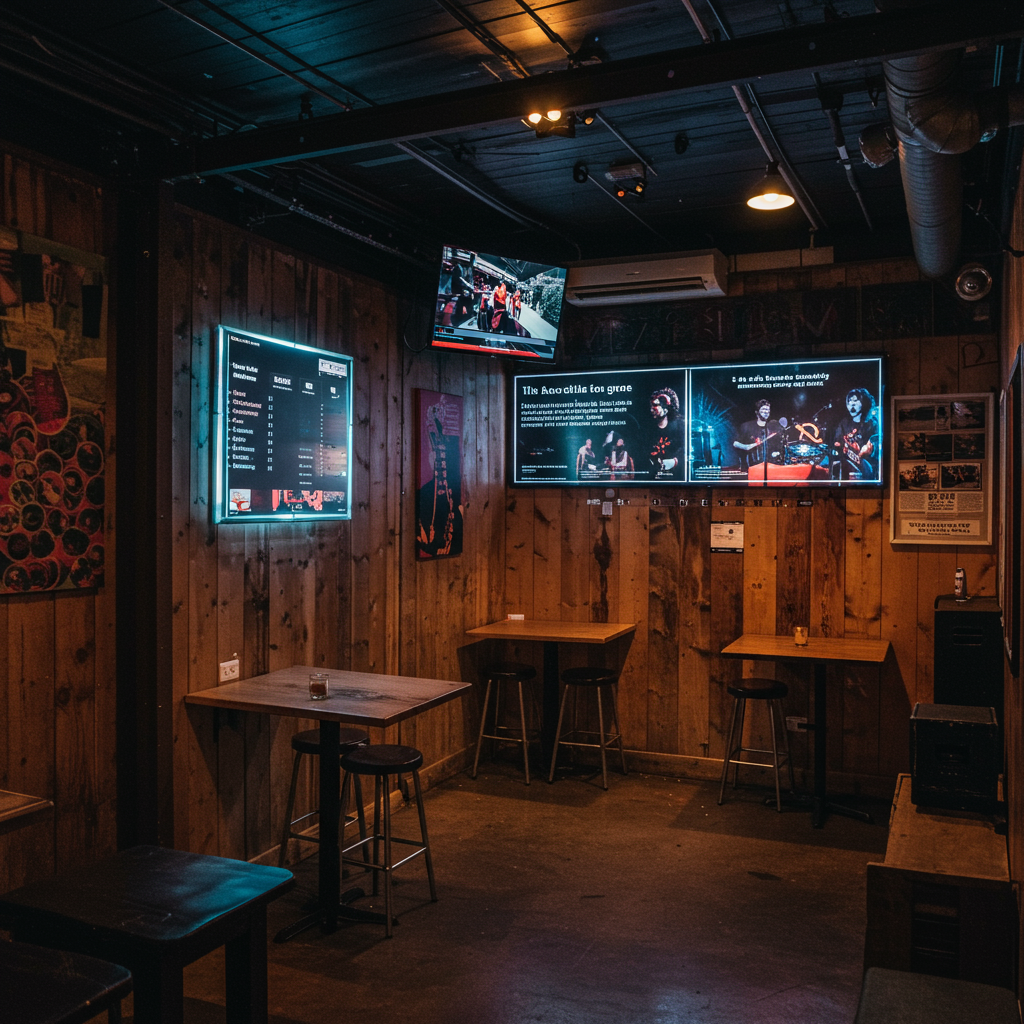 A well-lit stage at an Austin music venue, ready for a performance, showcasing the professional setup.