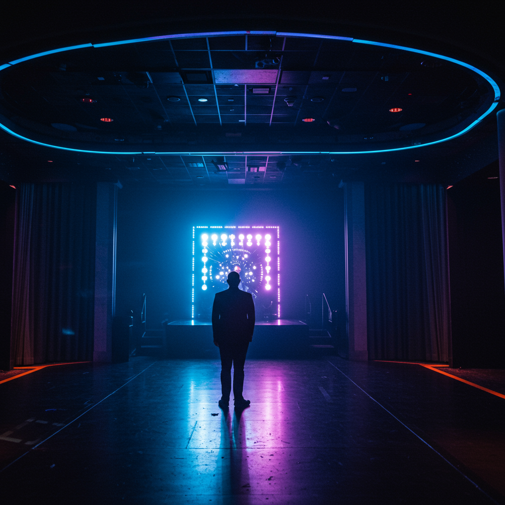 A visually stunning stage set with dramatic lighting and atmospheric effects.