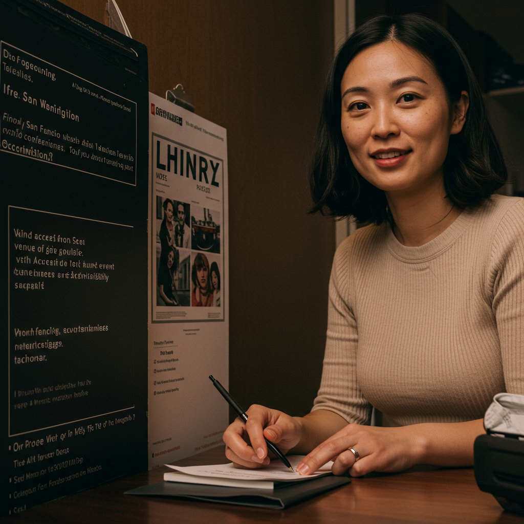 A perfectly lit stage and screen setup in a large San Francisco tech event venue, ready for a keynote presentation.