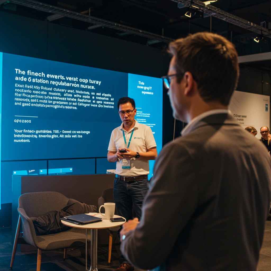 A presenter on a stage delivering a secure tech demo to an engaged audience at a fintech event.