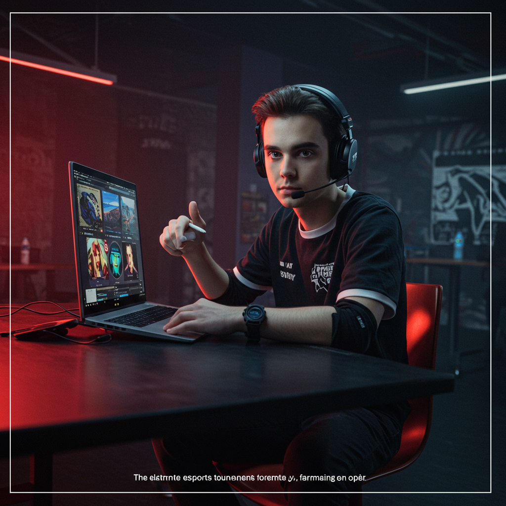 A dynamic shot of an esports tournament stage, with dramatic lighting, team logos, and players focused on their screens.