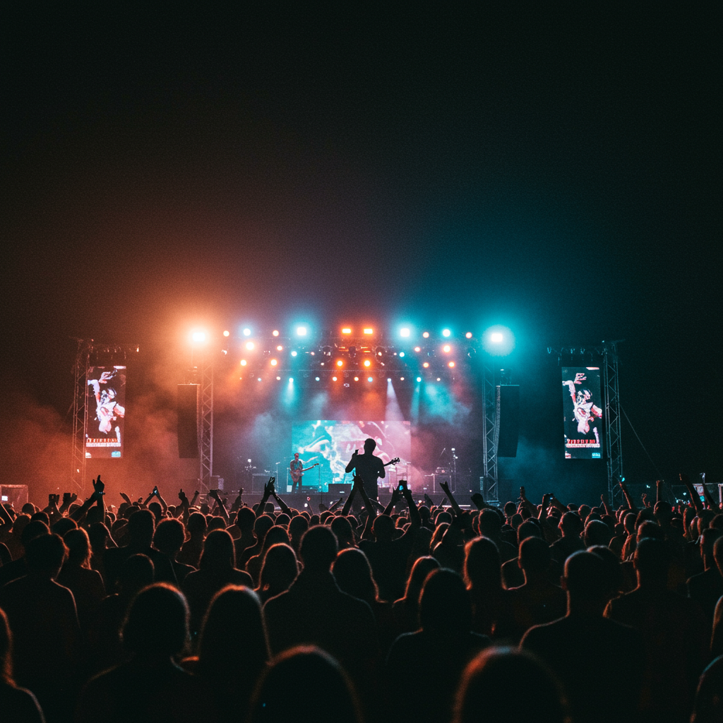 A vibrant music festival stage at night, illustrating the successful outcome of careful planning and execution.