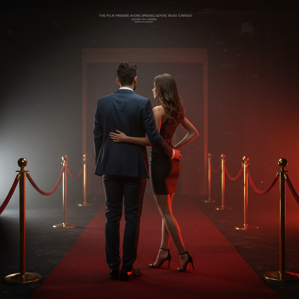 An influencer recording an enthusiastic reaction video in front of a promotional poster for the film.