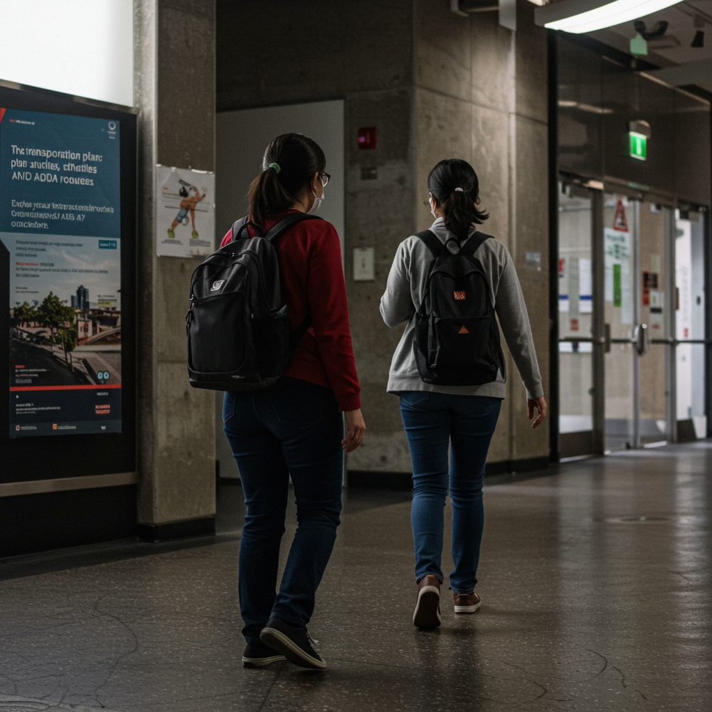 A person using a mobile app to book a shuttle ride while waiting at a modern, well-signposted stop.