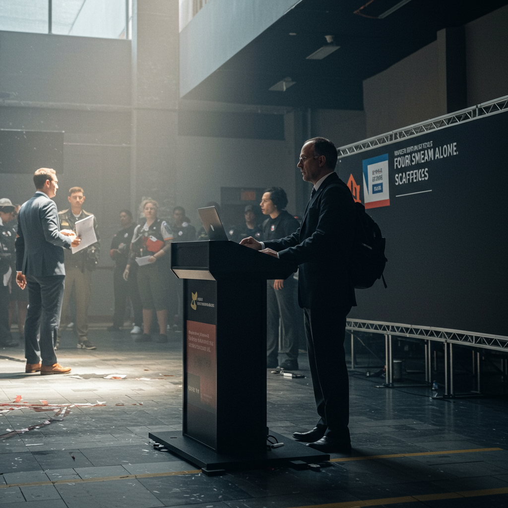 A security officer confidently communicating on a two-way radio during a live event.