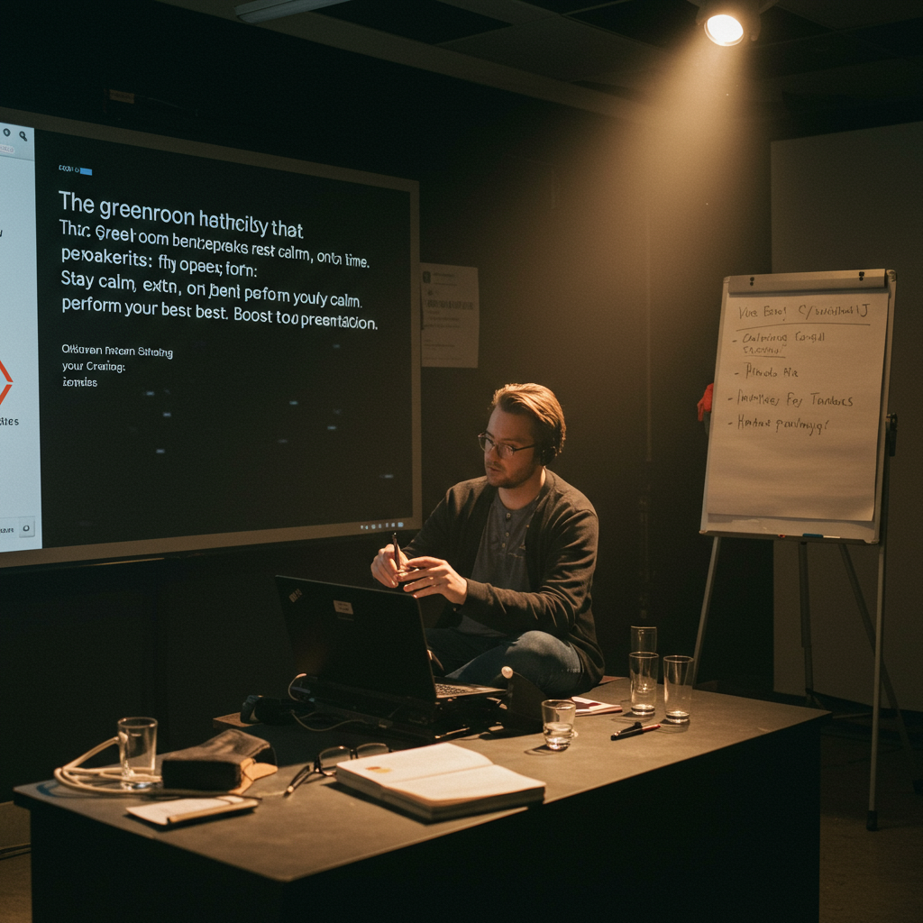 A speaker in a virtual green room, with their image in one box, their presentation in another, and a visible technical support chat.