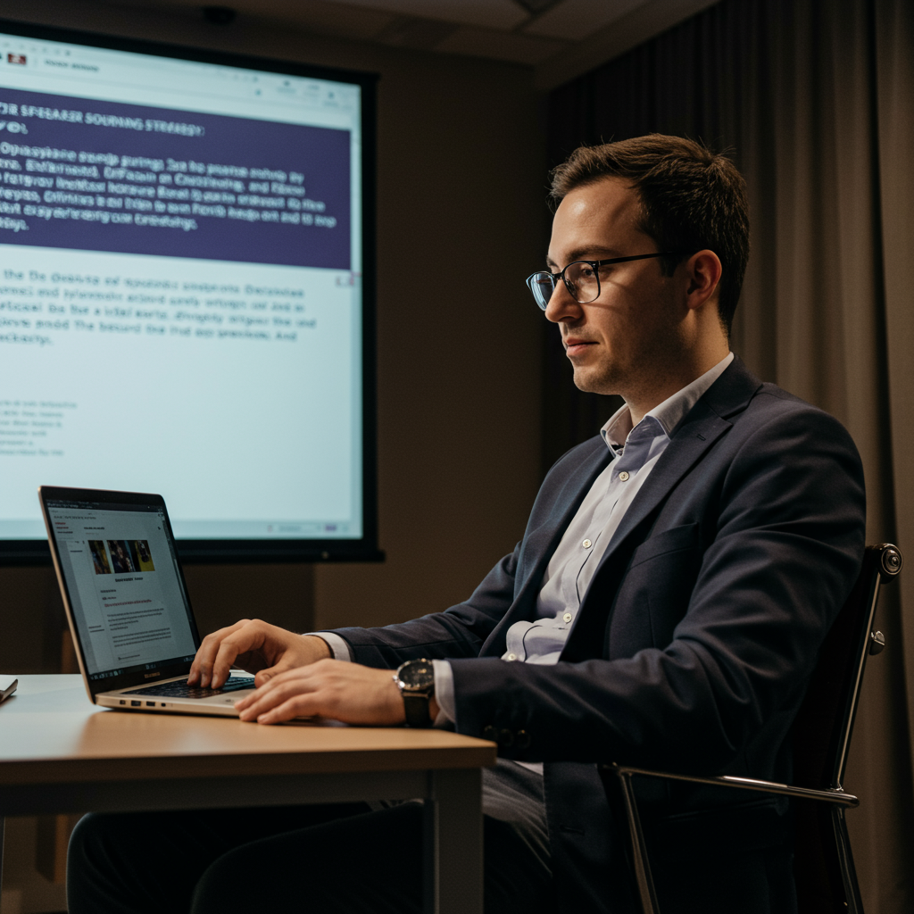 A dynamic speaker on stage, using compelling visuals on a large screen to illustrate a point.