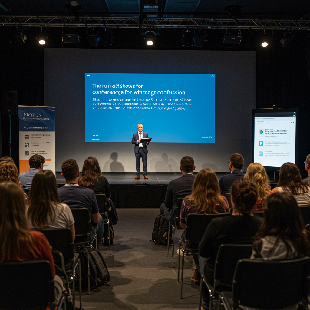 An attendee looking at a large digital display showing the schedule for multiple conference tracks.