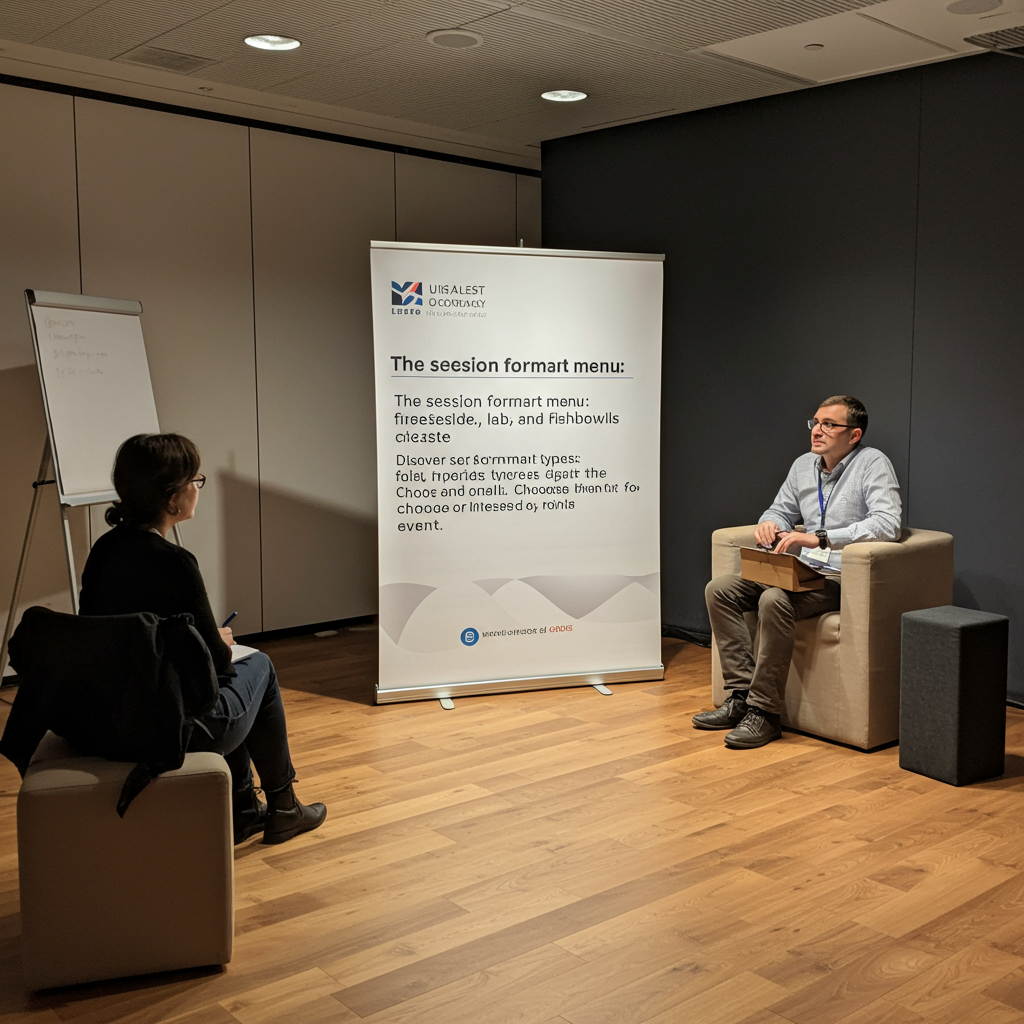 A stage set for a fireside chat, with two armchairs and warm lighting.