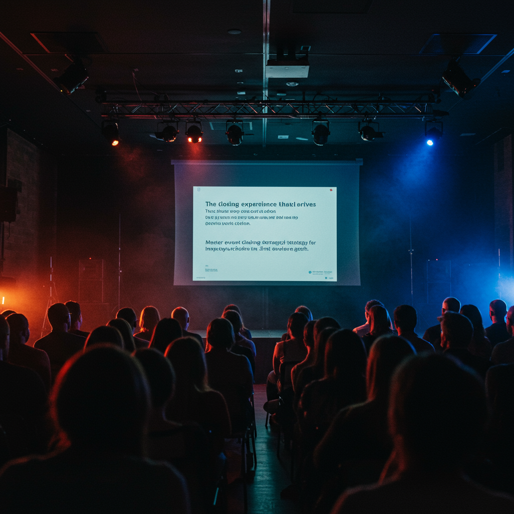 A speaker on stage delivering a compelling closing keynote, with a powerful visual on the screen behind them.