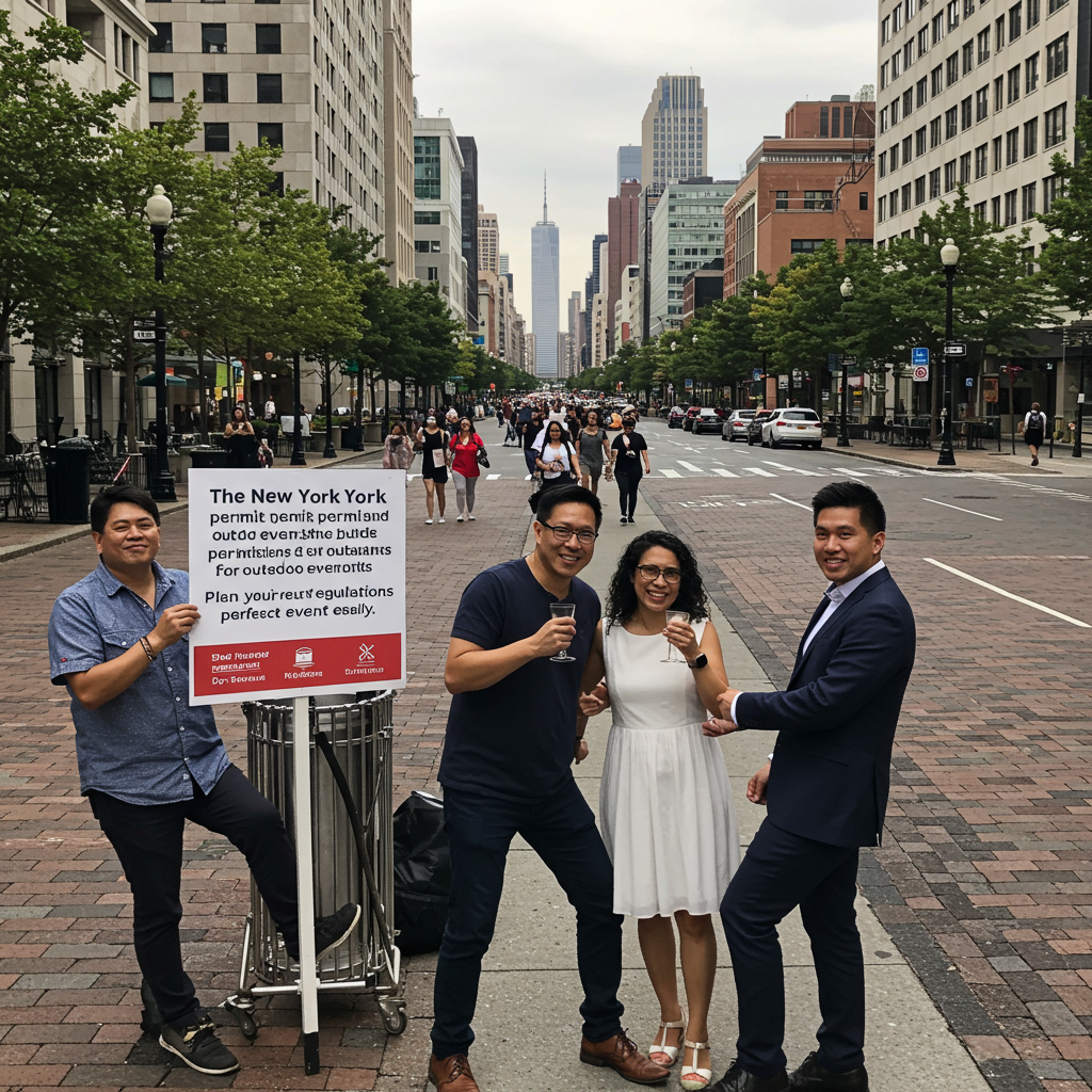 A vibrant, well-organized outdoor concert in New York City at dusk.