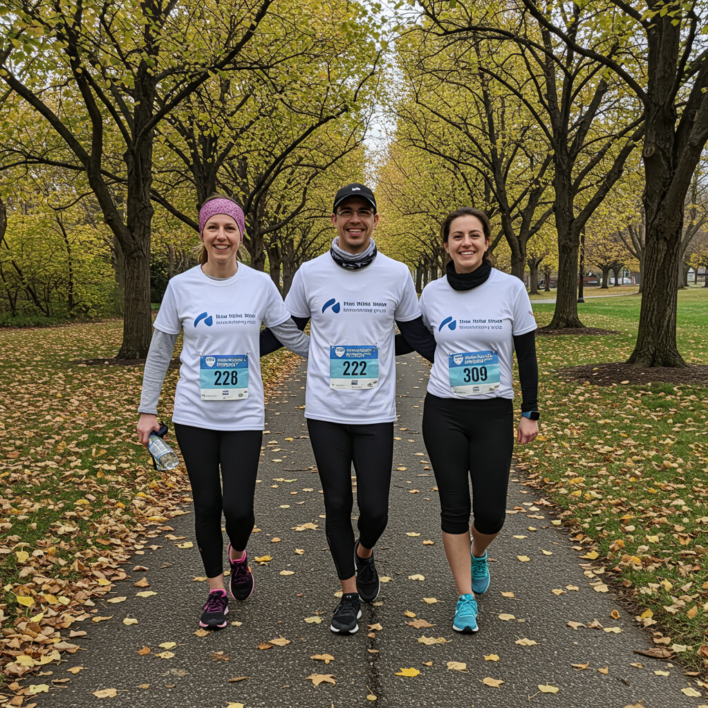 A collage of social media posts showing happy participants and fundraising thermometers for a charity run.