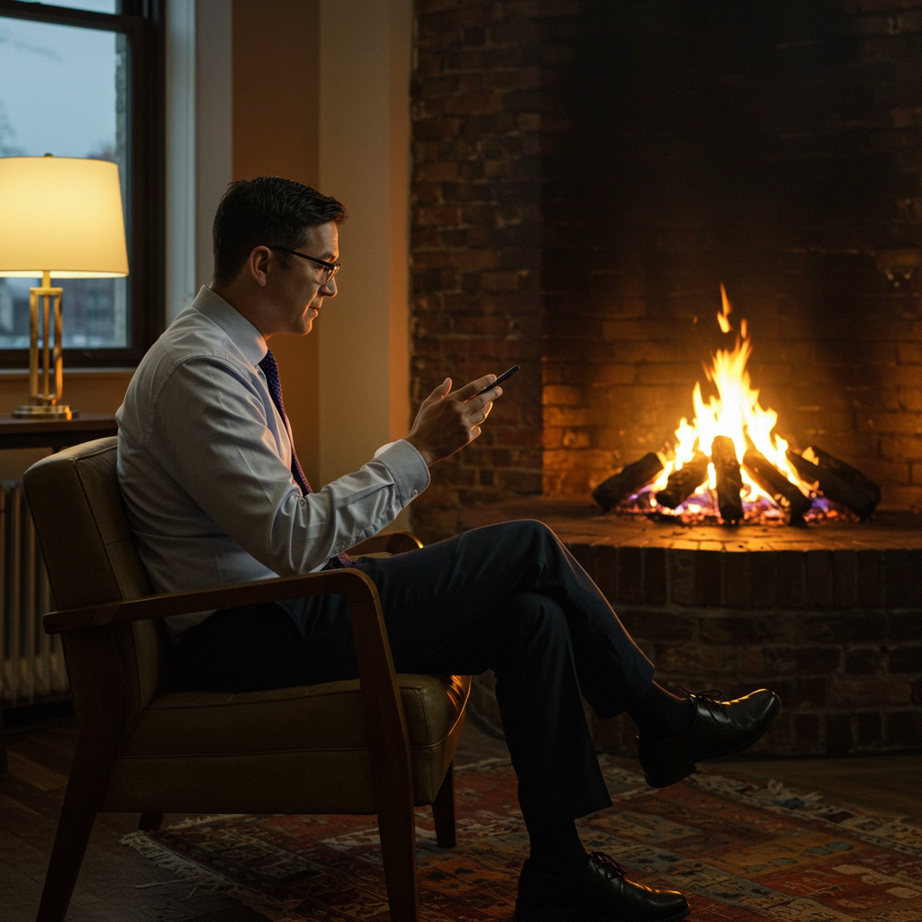 Two executives in a relaxed conversation during a well-produced fireside chat.