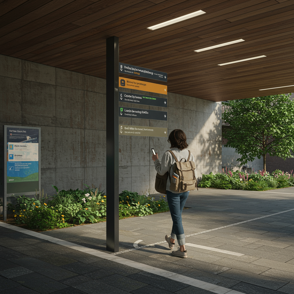 Clear and minimalist wayfinding in a corridor of a modern building