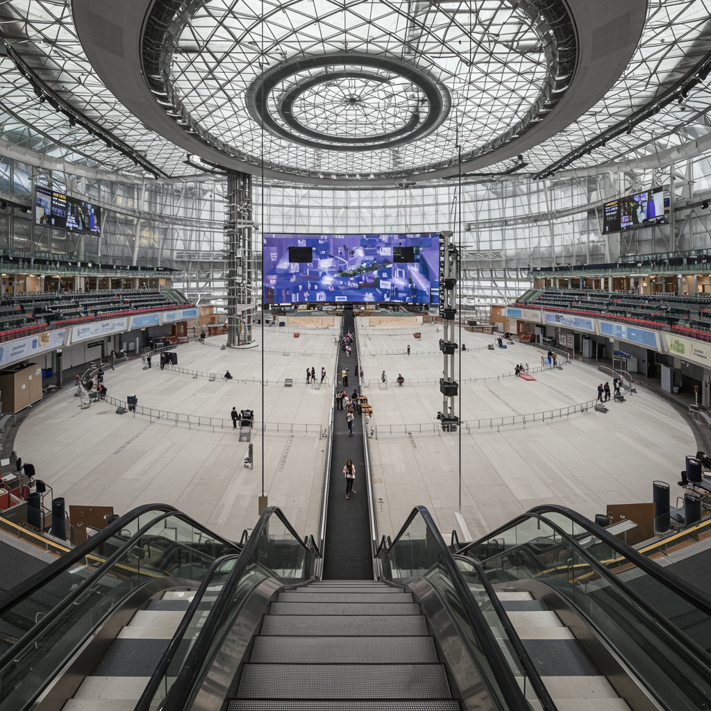 Stylized view of a modern event venue, representing the choice between ExCeL, Olympia, and The O2.