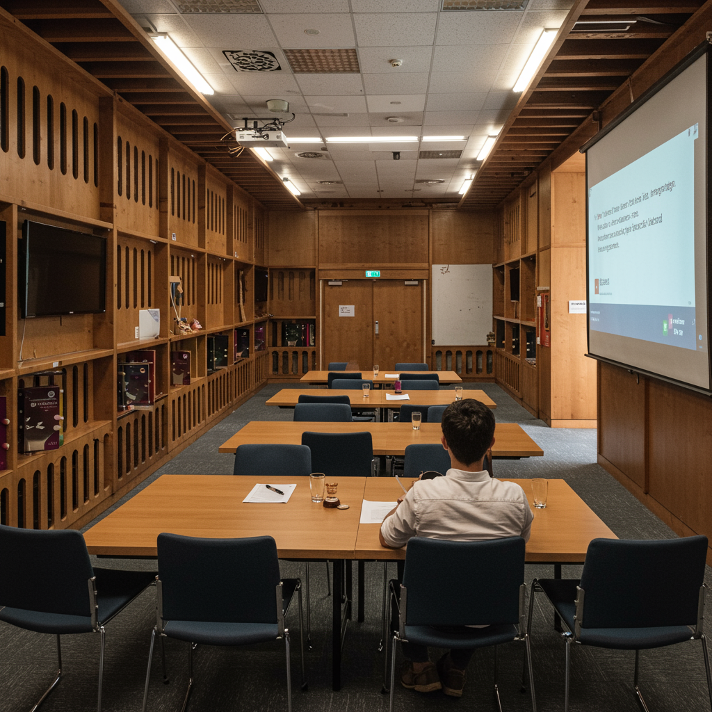 Modern auditorium on a university campus prepared for a conference.
