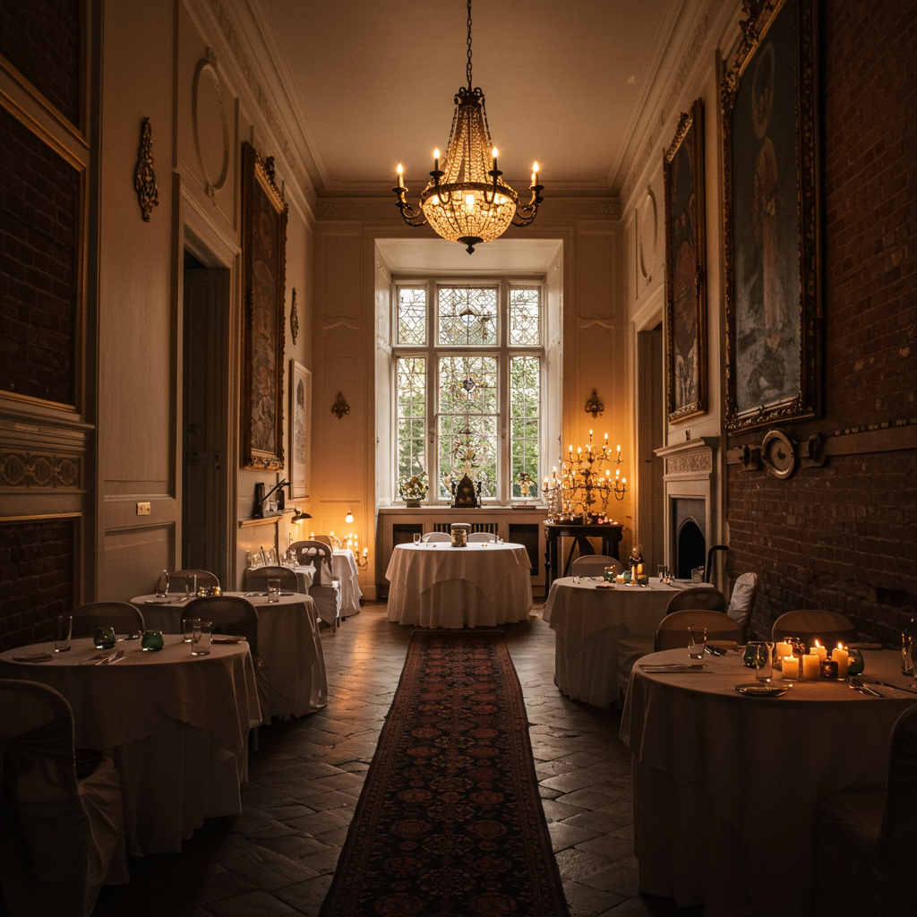 Majestic interior of a historic building with arches and columns, prepared for an event.