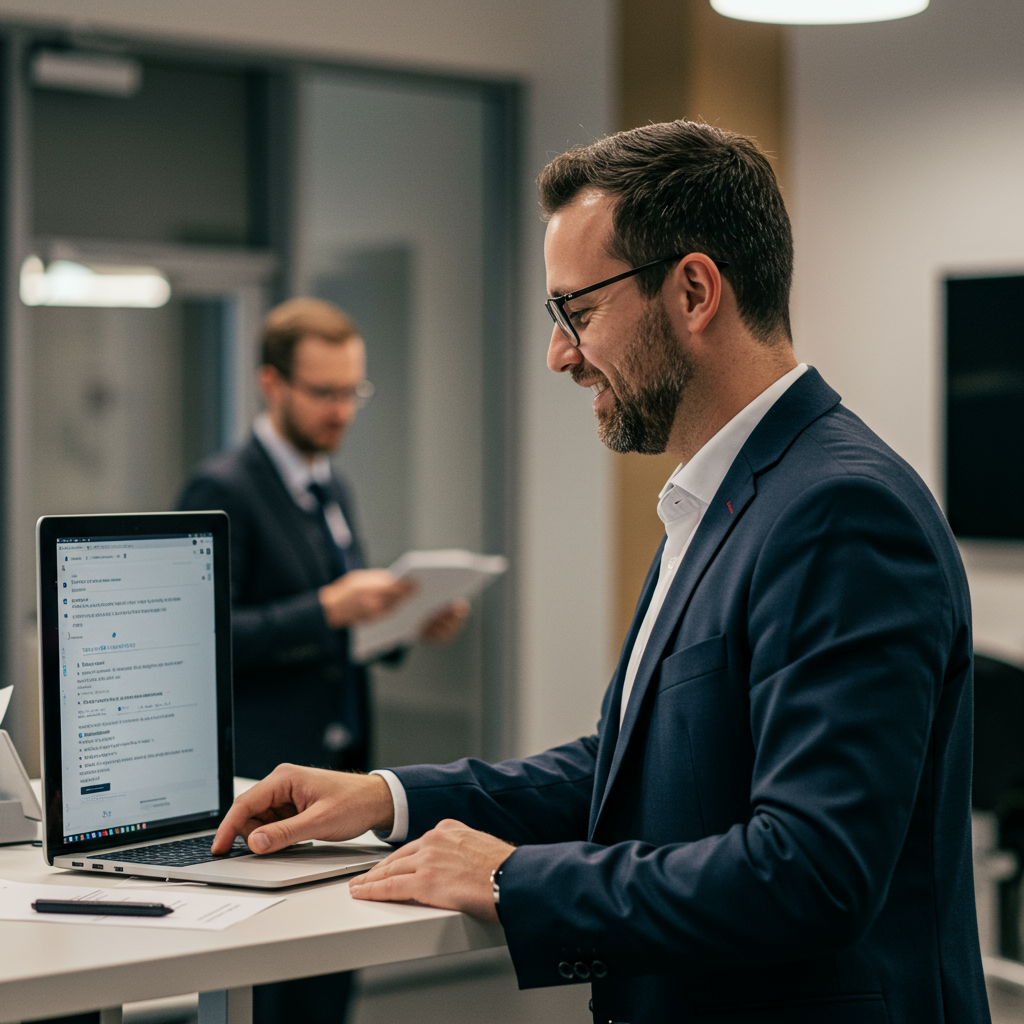 A person checking in at an event with a tablet and a badge printer in the background.