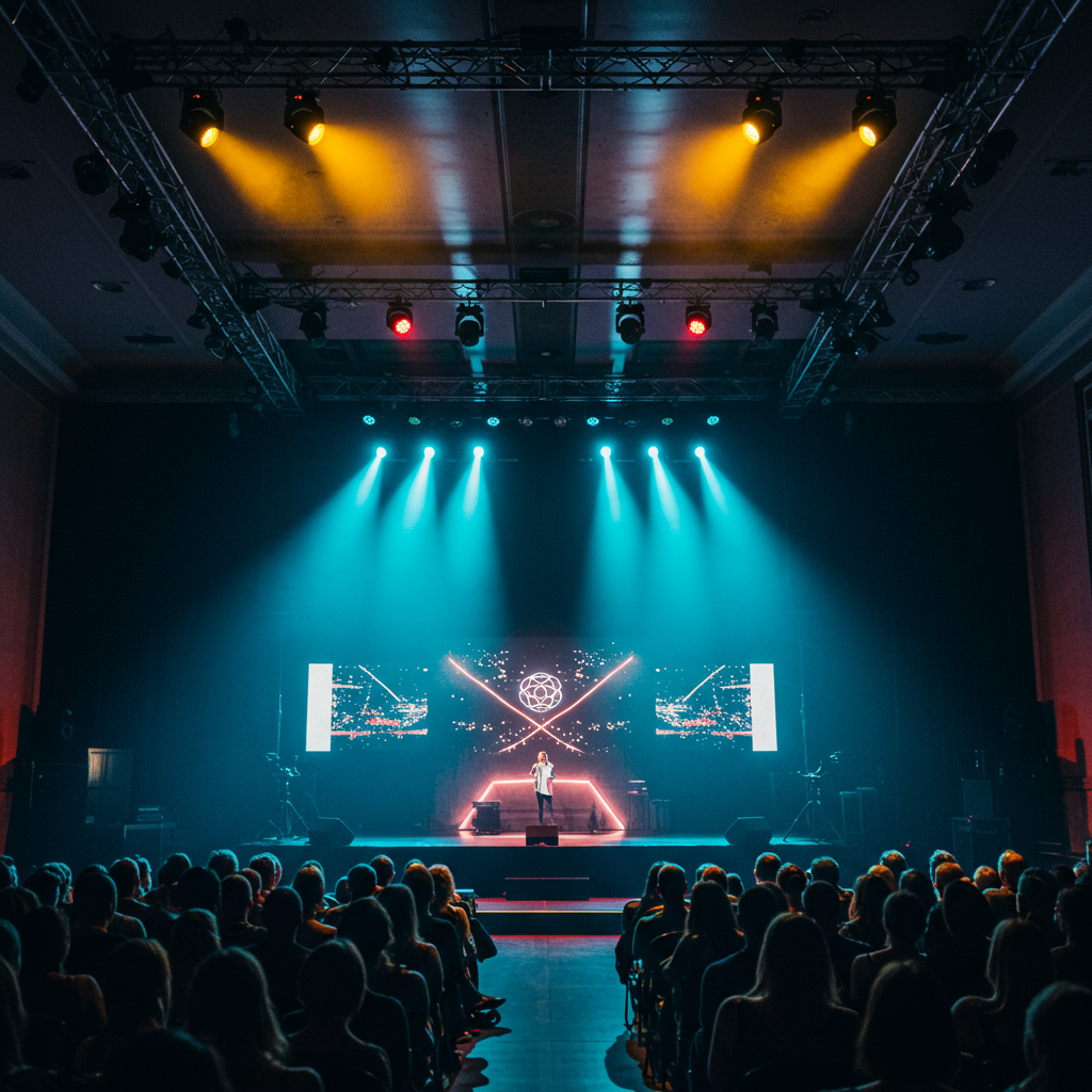 Modern corporate stage with dynamic LED screens and spotlights