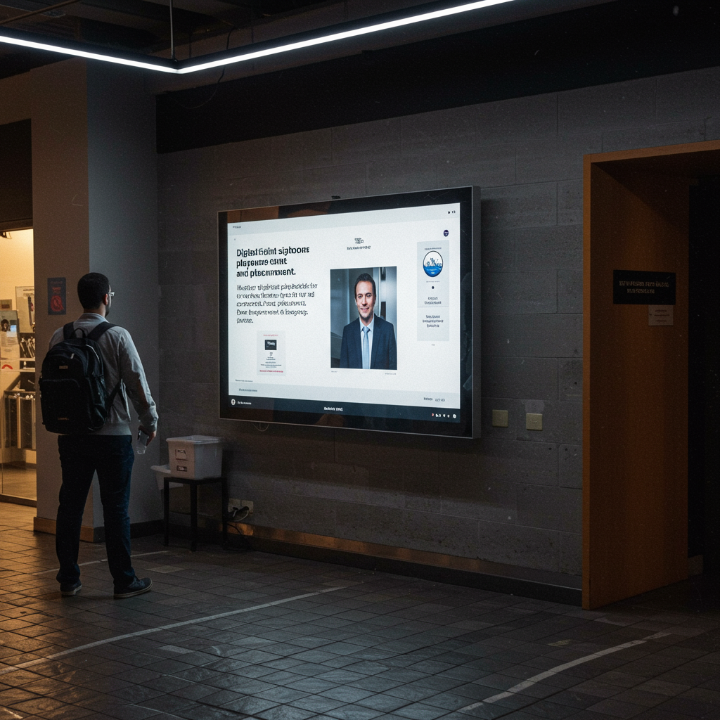 Conceptual diagram of a digital signage playbook integrating content, location, and audience analytics.