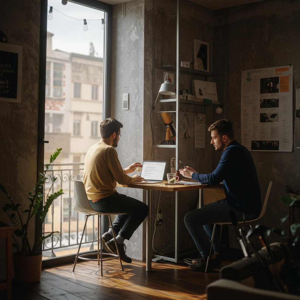 A team collaborating on a sustainable marketing strategy with graphics and sticky notes symbolizing growth and ecology.