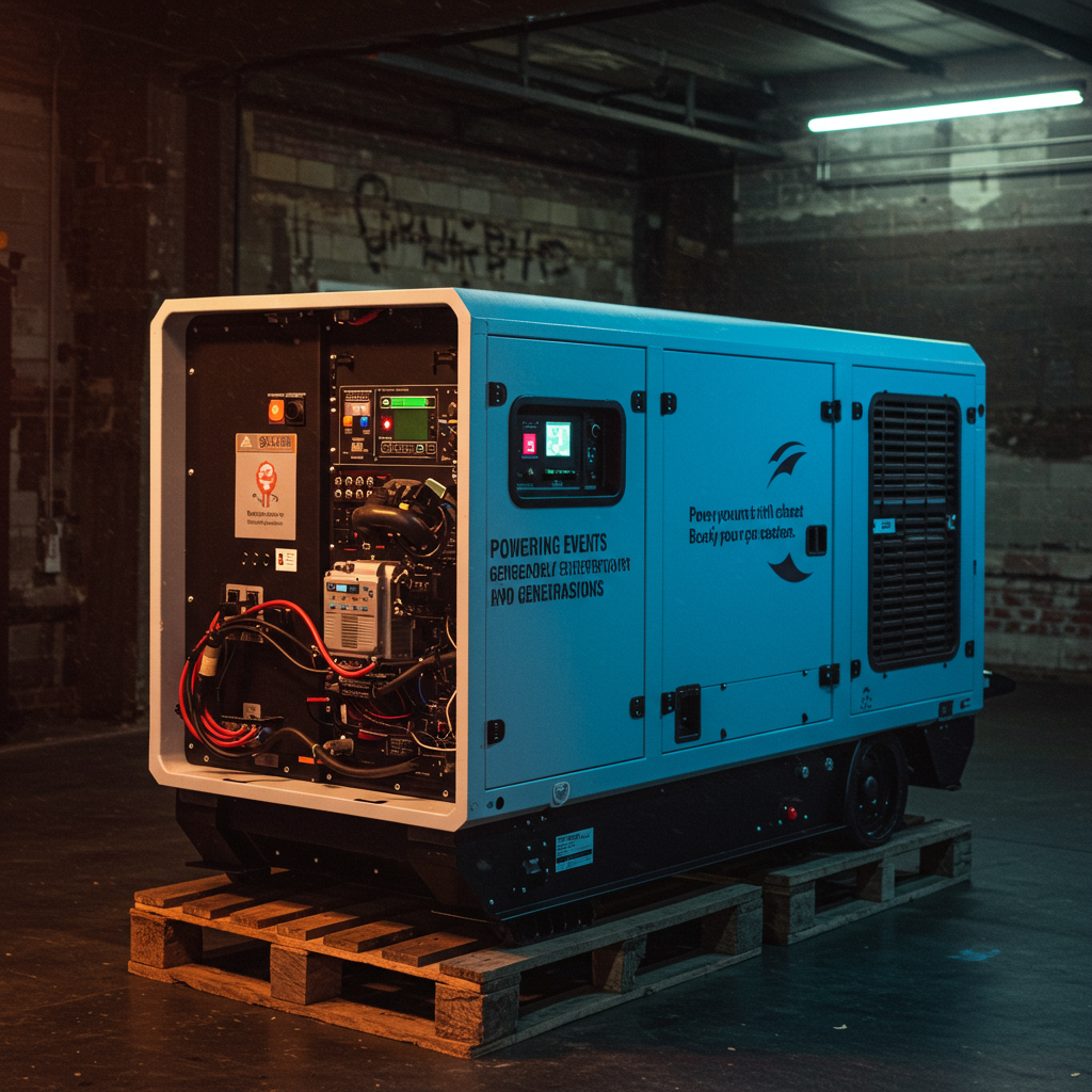 A large temporary power generator set up outdoors for an event.