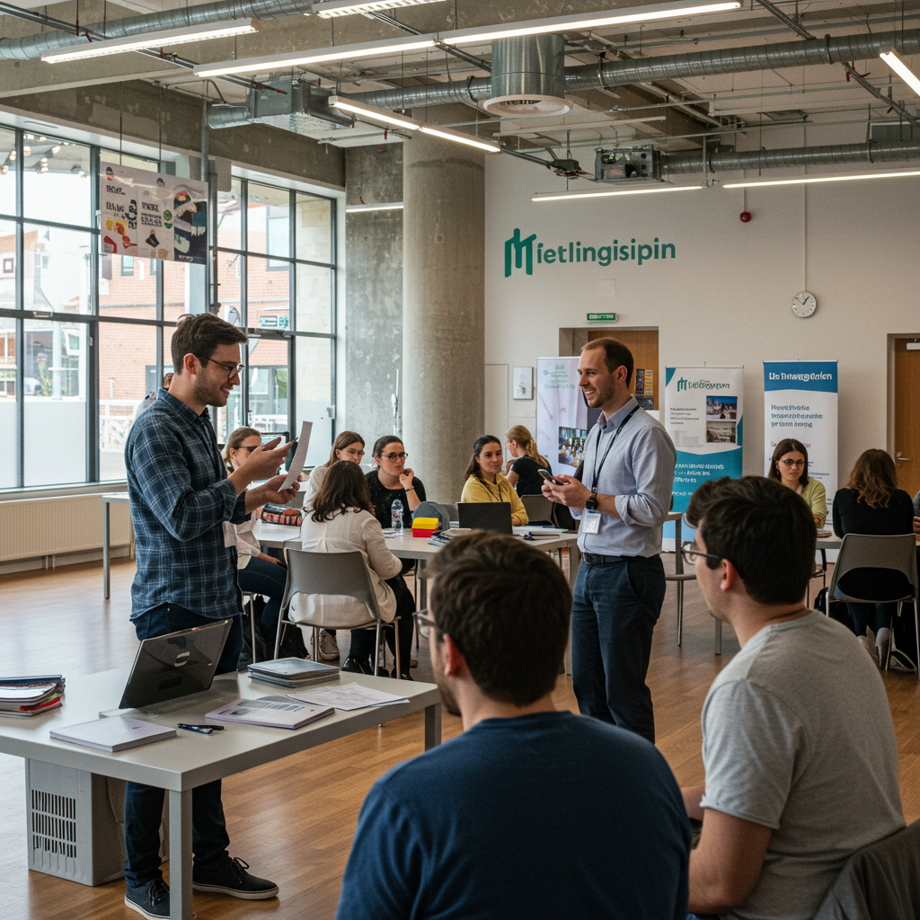 Attendees at a higher education fair interacting with university representatives at a well-organized booth.