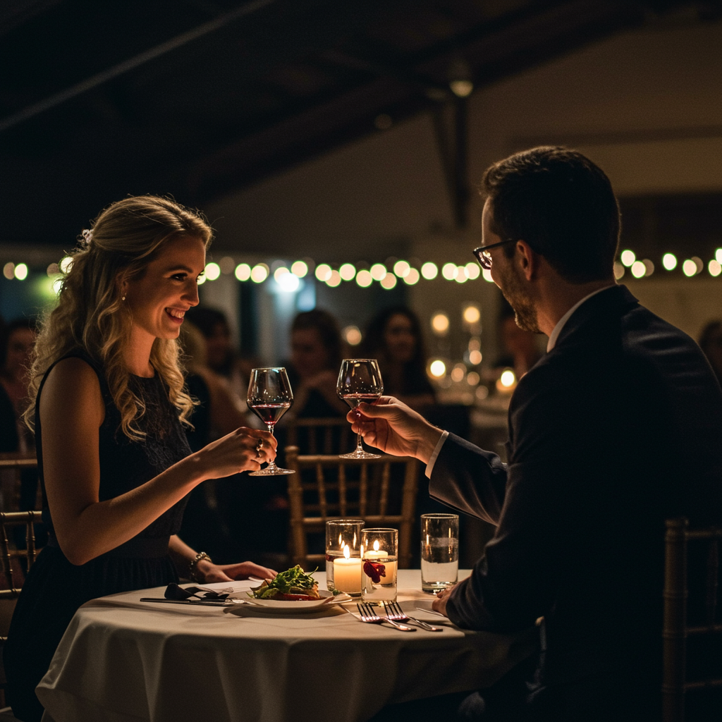 Elegantly dressed guests enjoying a charity gala dinner in a luxuriously decorated ballroom.