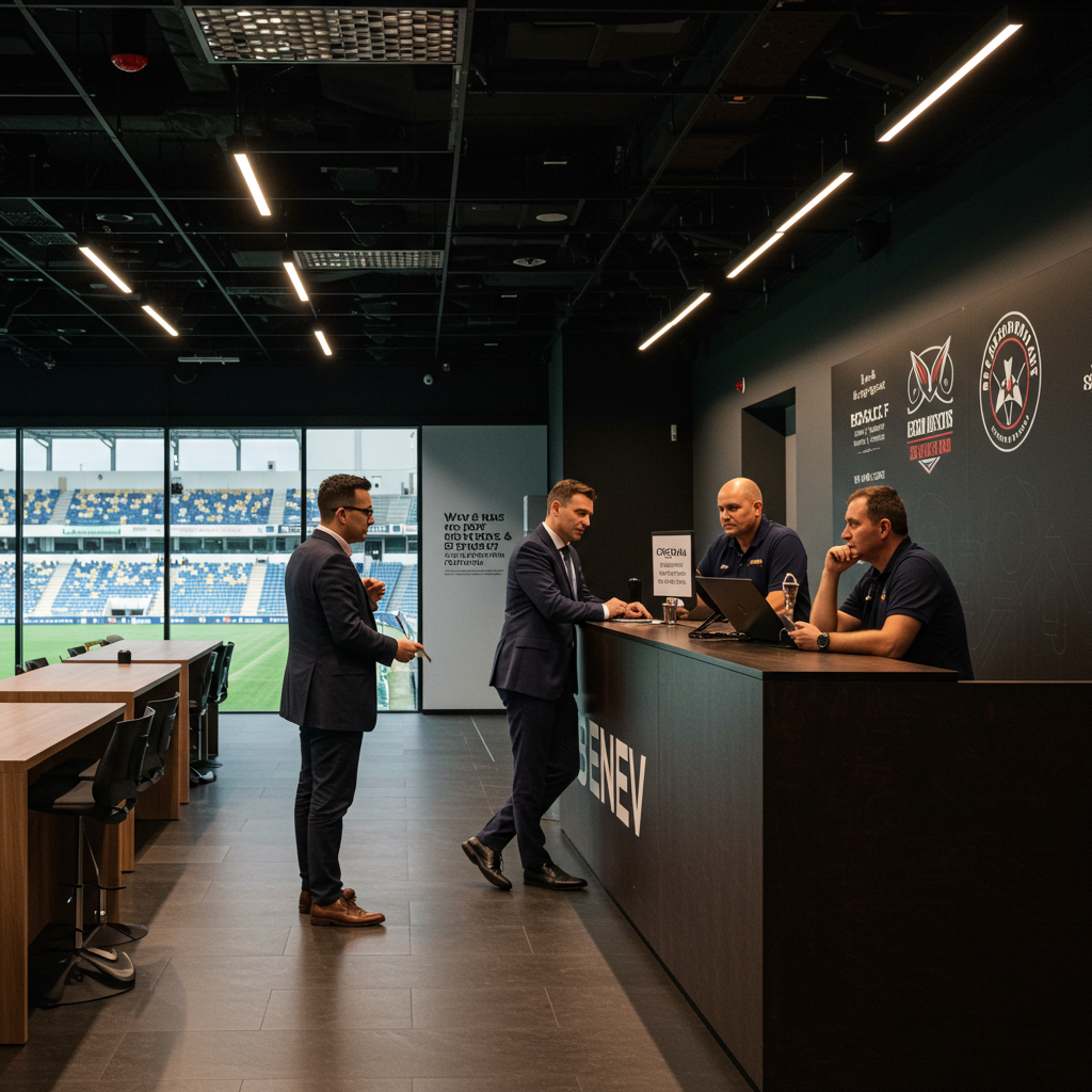 Fans enjoying themselves in a well-organized fan zone before a football match.