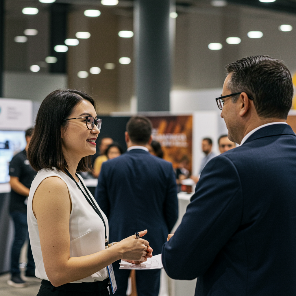 A busy trade show booth, showing the interaction between exhibitors and attendees.
