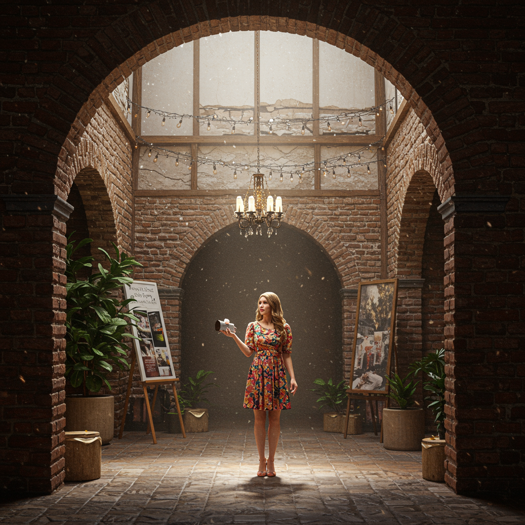 A professional event manager reviewing a portfolio on a tablet during a networking event.