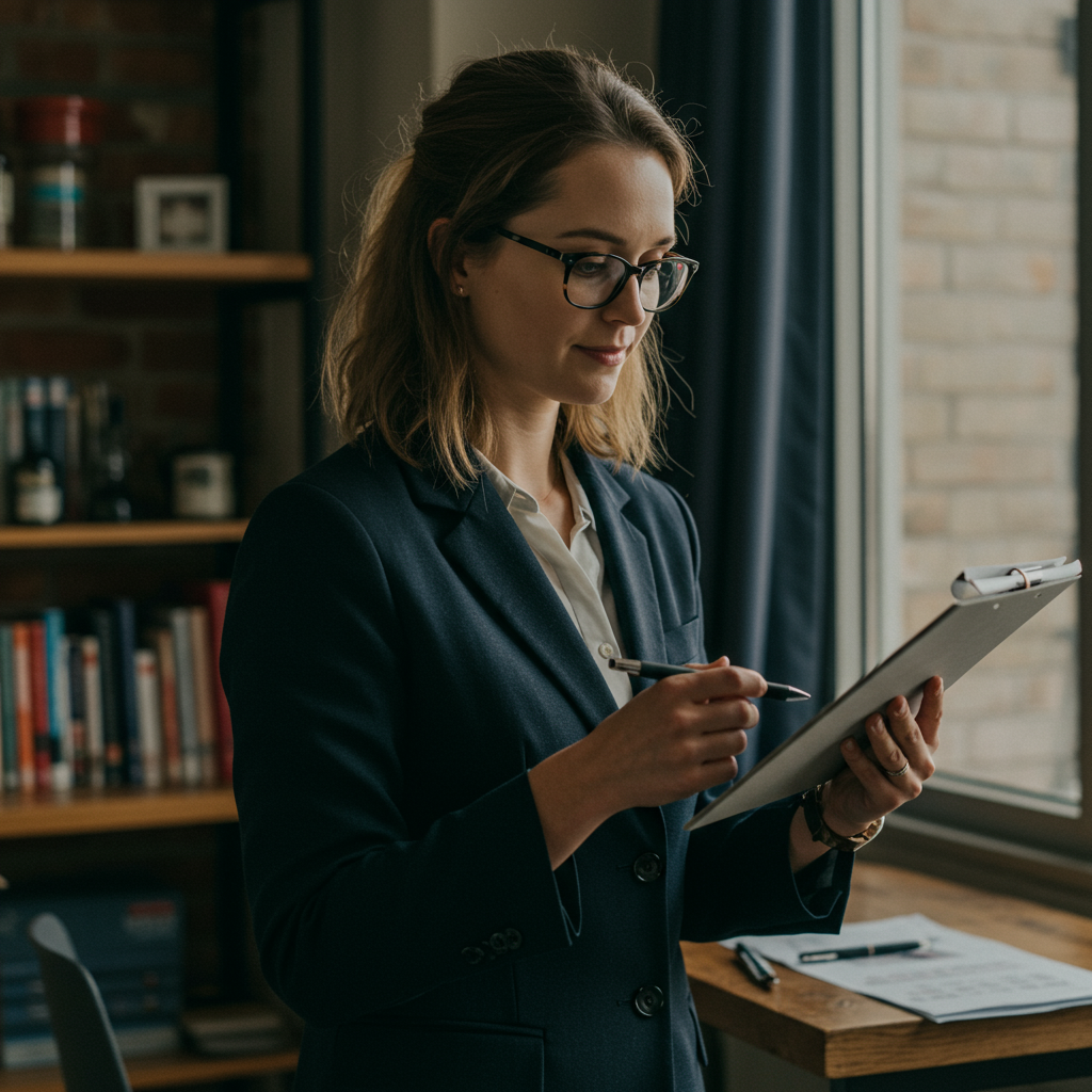 A professional event coordinator confidently answering interview questions in a modern Canadian office setting.
