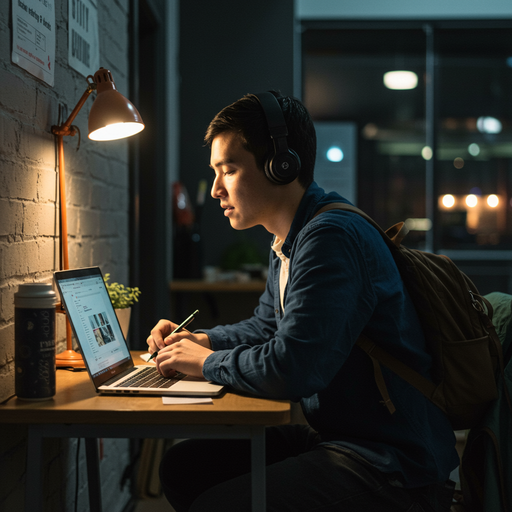 Student working on a class project on their laptop, visualizing their professional future.