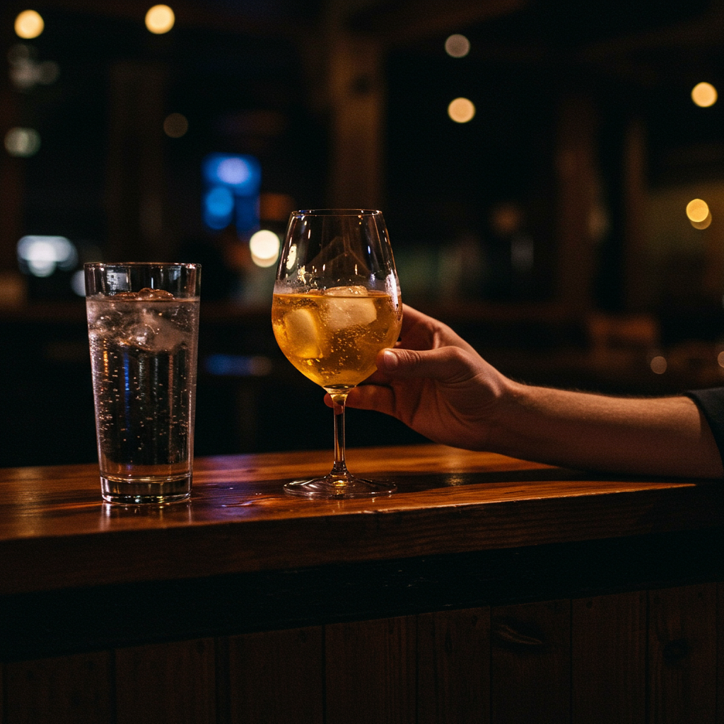A bartender professionally serving a drink in a well-lit bar.
