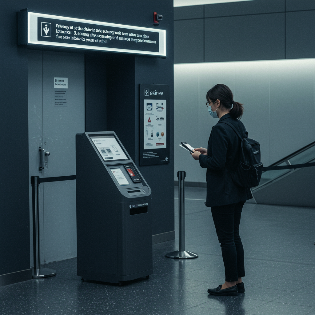 A modern and secure hotel reception desk, symbolizing an efficient and privacy-respecting check-in process.