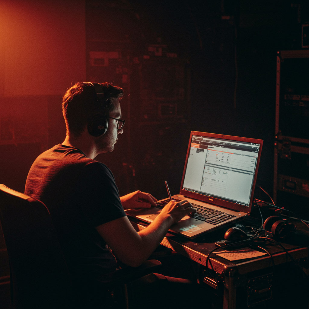 Production director coordinating radio teams at a live event.