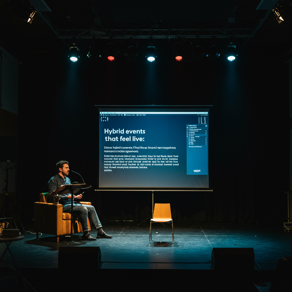 Technical team managing a live stream for a hybrid event with multiple screens and cameras.