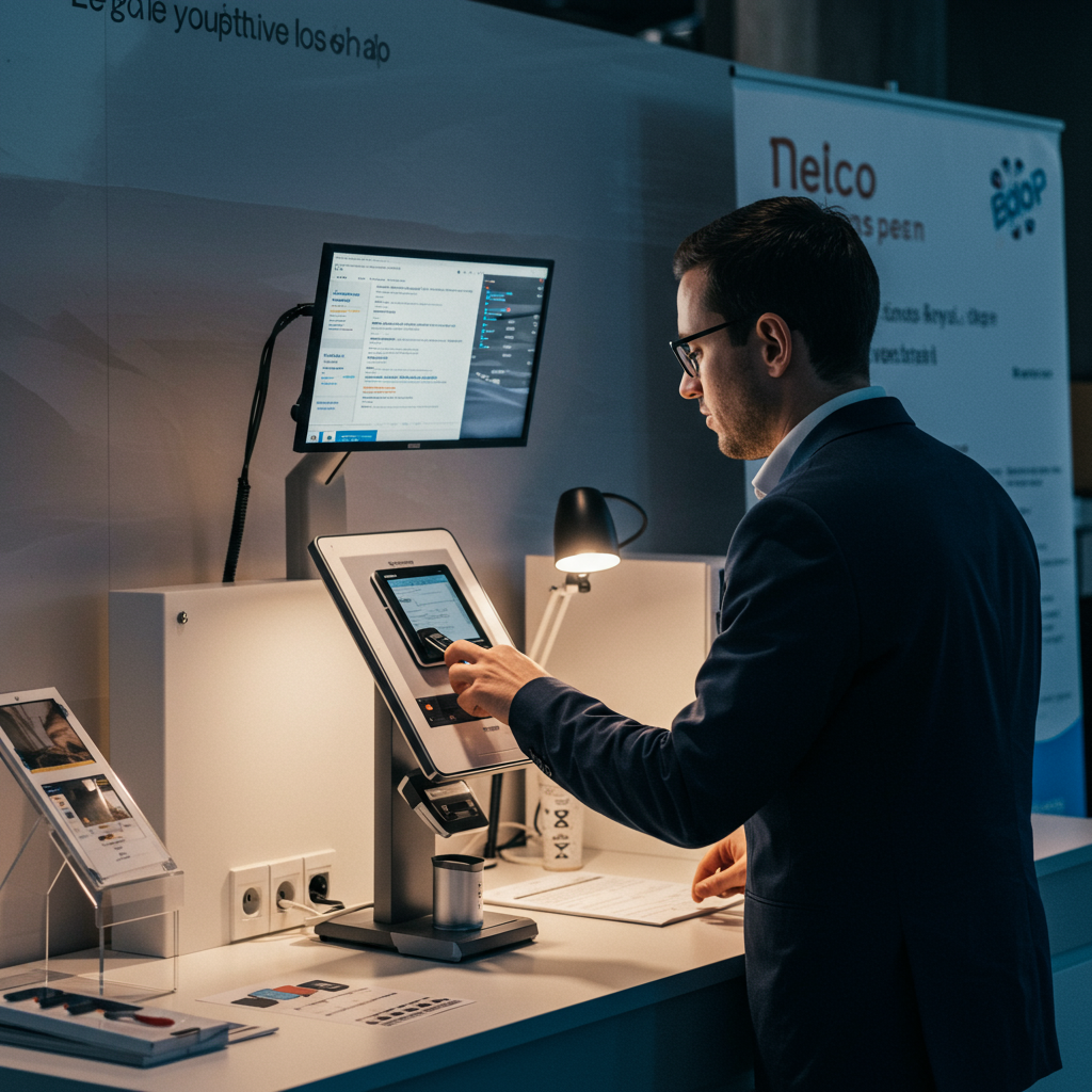 Sales team using a tablet for lead generation at a trade show