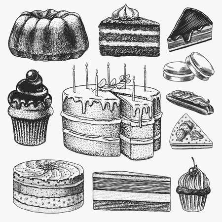 Cakes and cream tarts, fruit desserts and muffins. chocolate donuts, sweet food. hand drawn pastries. vintage engraved sketch. vector illustration for a banner or menu of a cafe and restaurant.