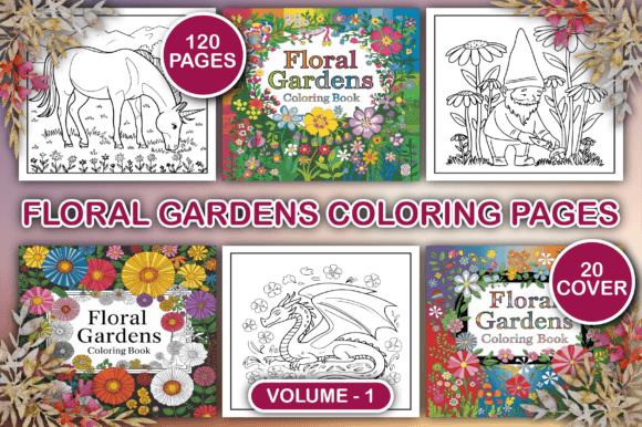 Floral Gardens adult coloring pages featuring unicorns, dragons, and garden scenes